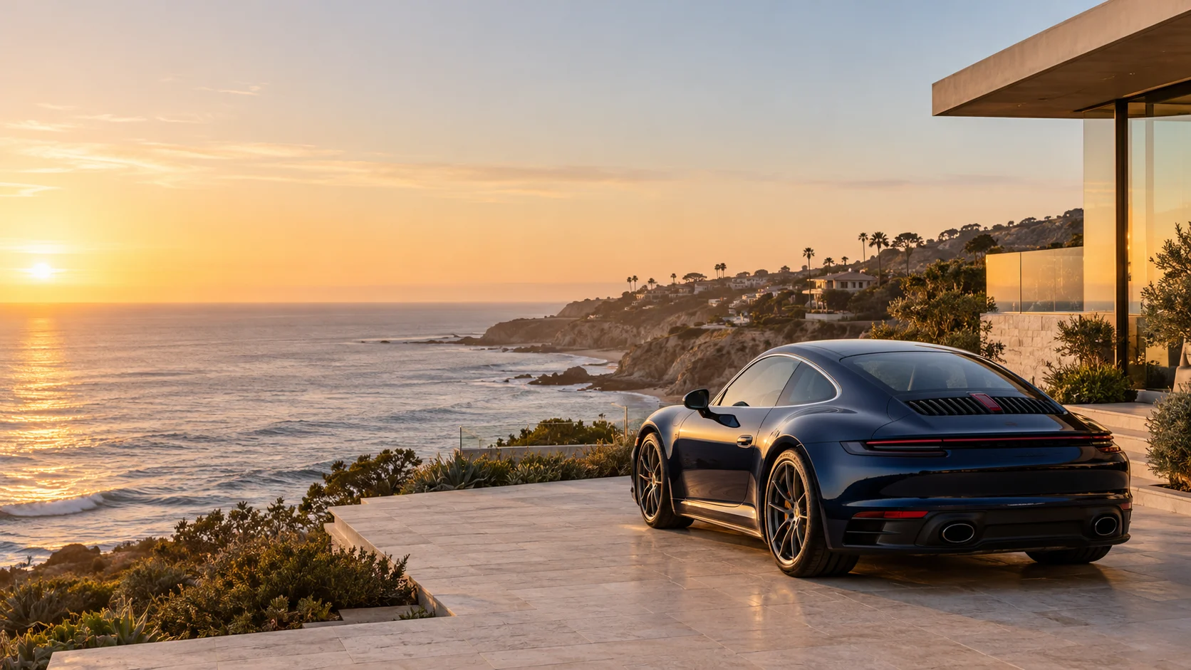 Illustrative navy sports coupe overlooking the California coast