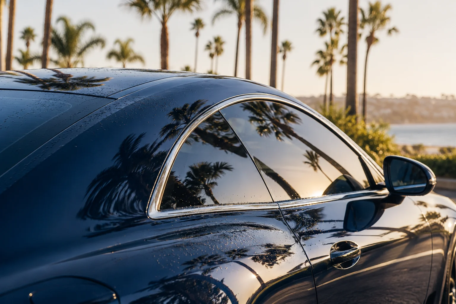 Palm reflections across glossy blue automotive paint