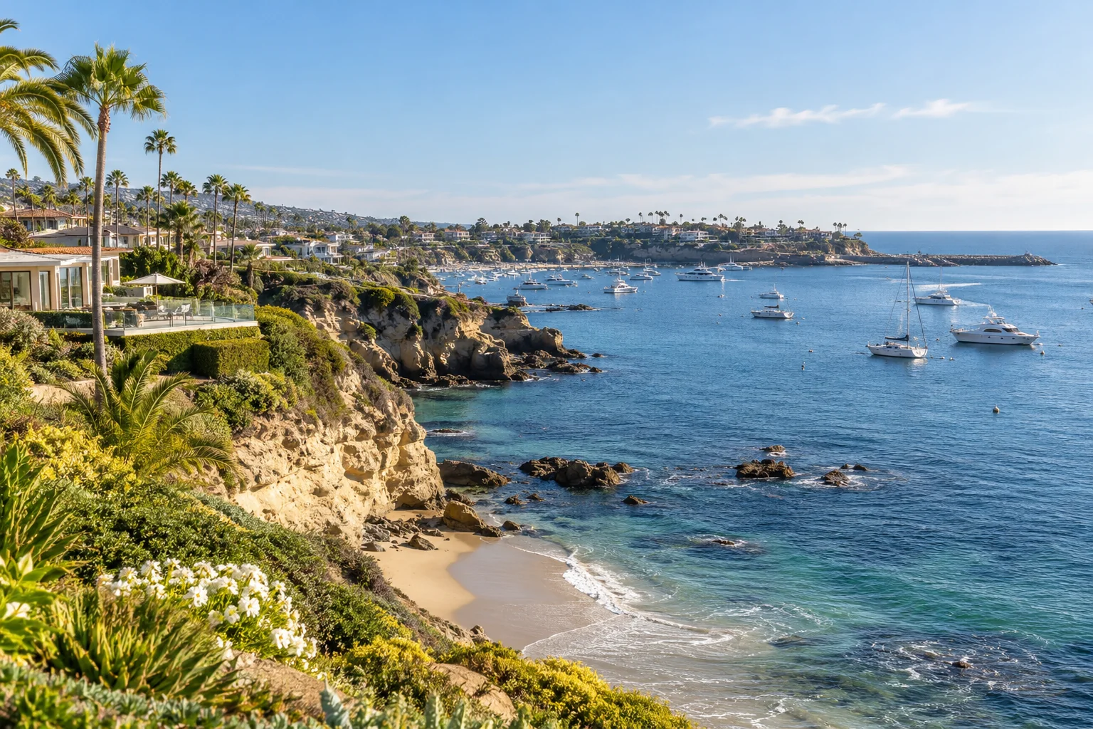 Sunlit Newport coastal coves, palms, and blue water