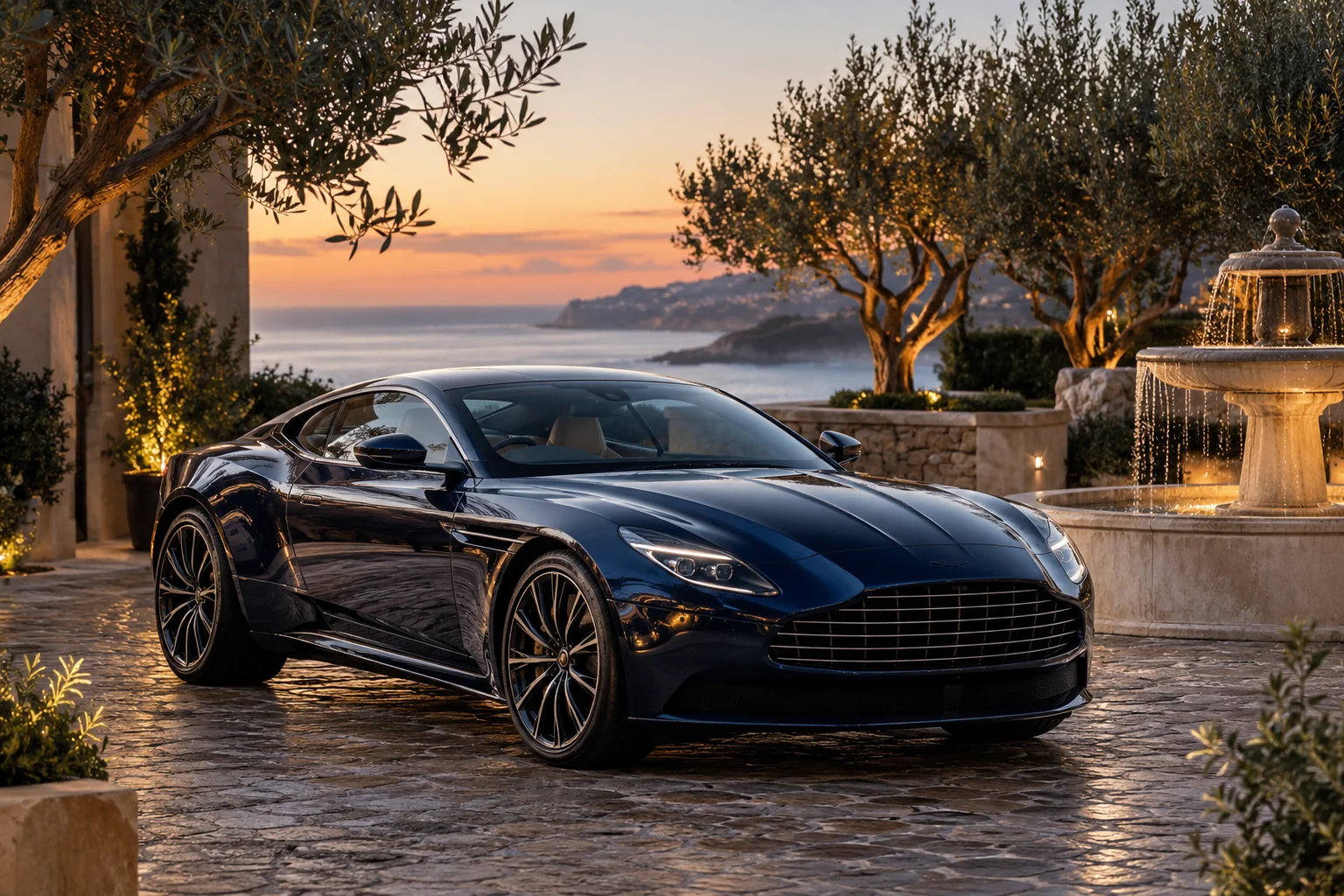 Editorial luxury grand tourer in a quiet coastal courtyard