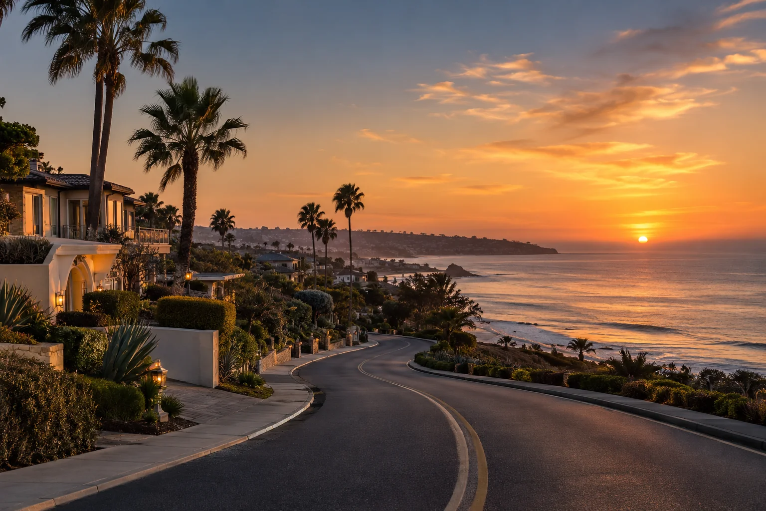 Sunset over a palm-lined Newport coastal residential road