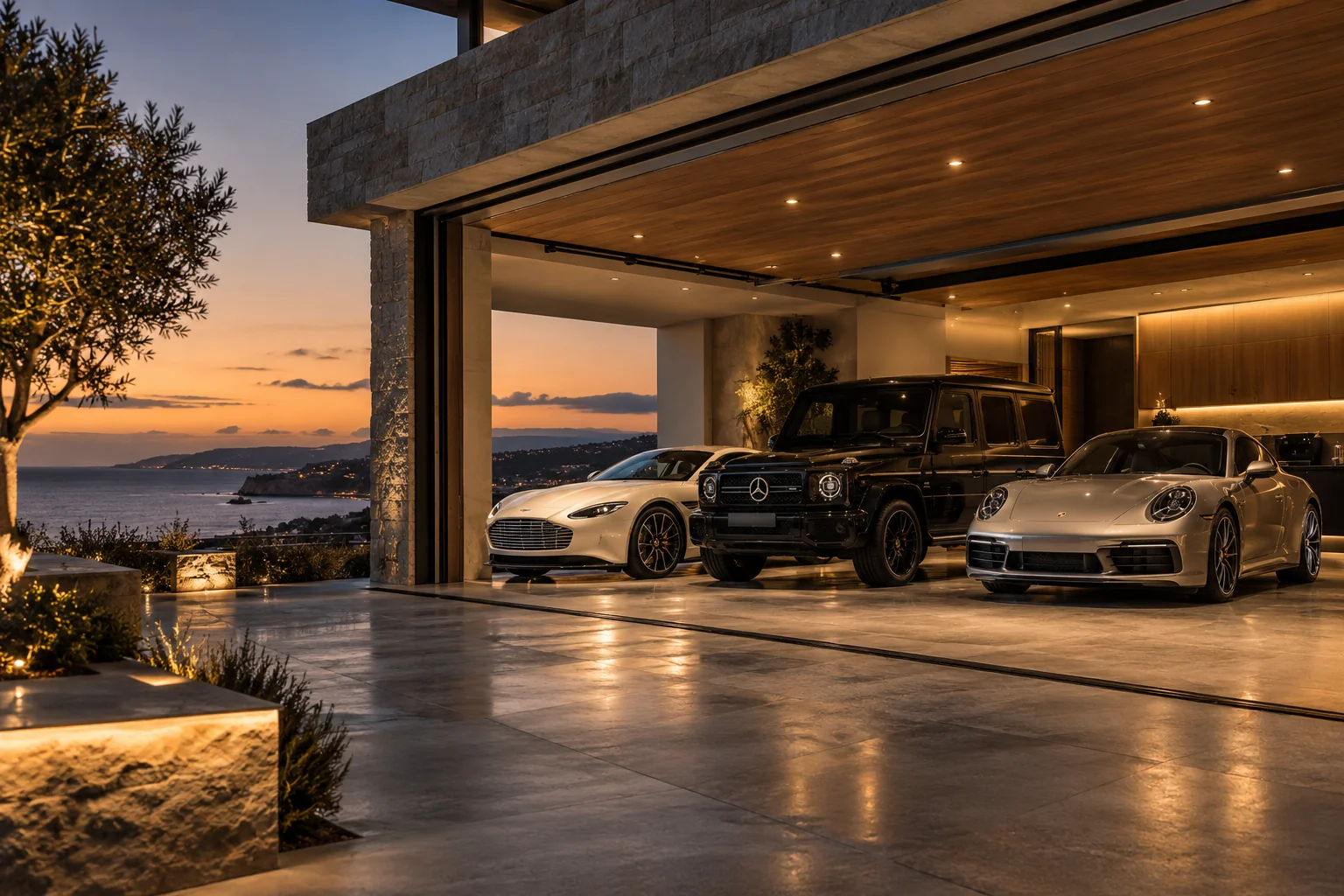 Editorial private garage concept with three luxury vehicles
