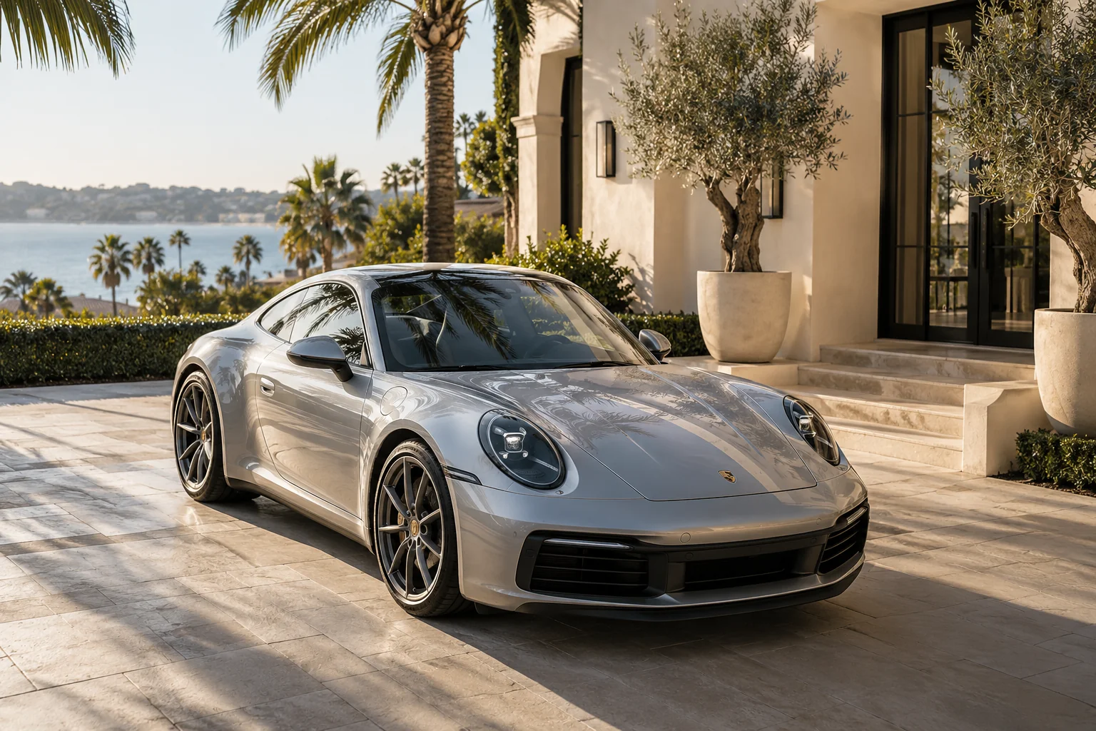 Silver sports coupe at a sunlit coastal residence