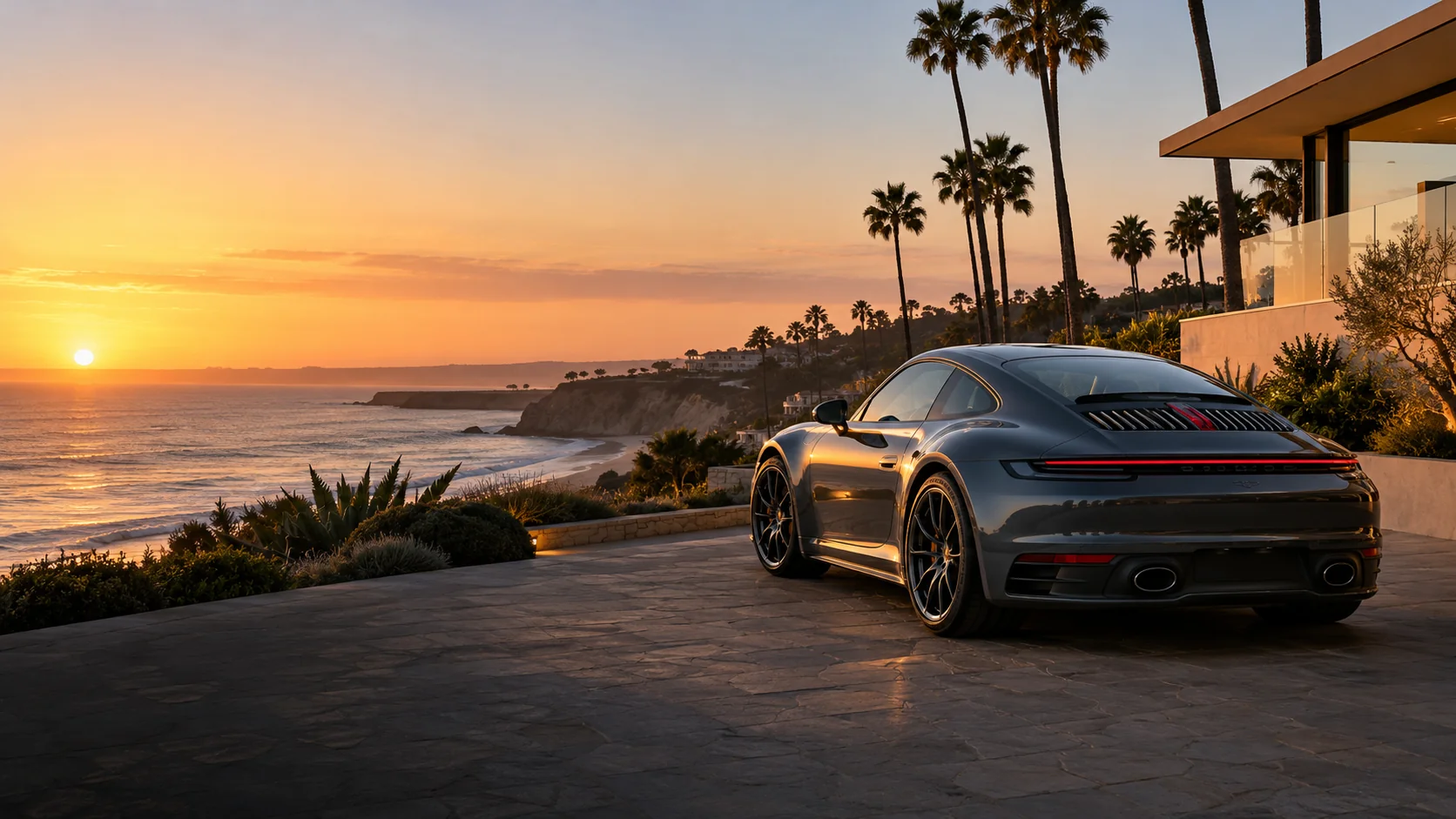 Editorial graphite sports coupe overlooking the Newport coast at sunset