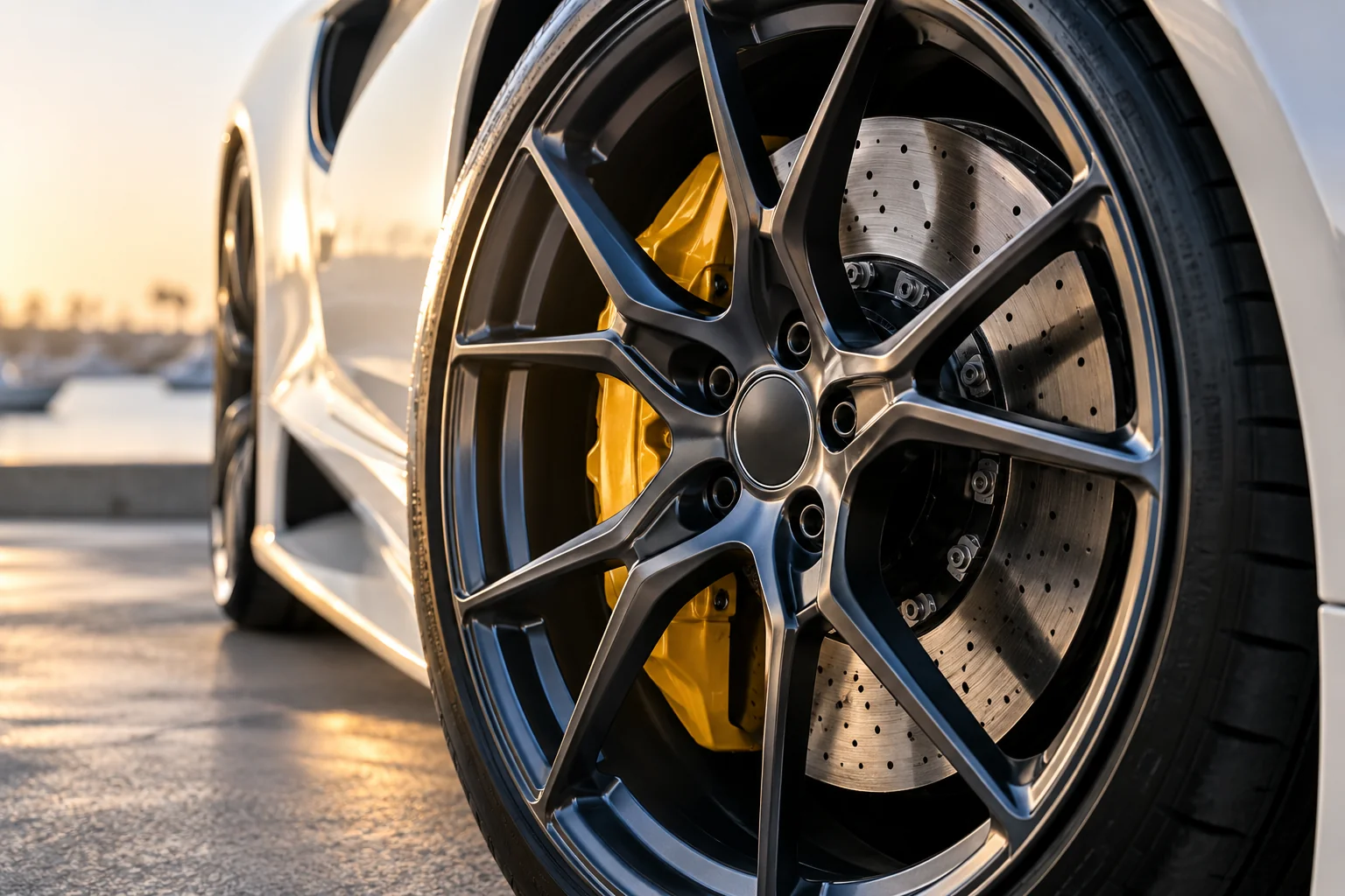 Performance wheel, drilled brake rotor, and yellow caliper